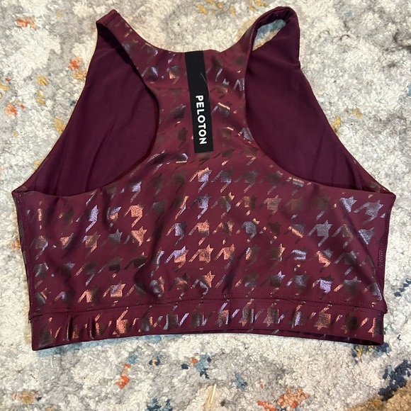 PELOTON Show Up Foil Houndstooth High Neck Bra Sz XS Plum - Picture 3 of 7